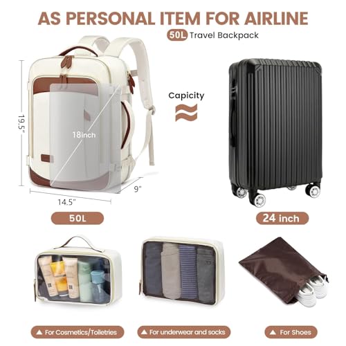 LOVEVOOK Travel Backpack Carry On Airline Approved, 50L Large Backpack with 3 Packing Cubes, TSA Travel Essentials Carry On Bag, Waterproof Weekender Overnight Luggage Daypack, Fits 18 Inch Laptop - color: D-beige-brown, size: XLarge - 18.5 Inch - 50L - 4