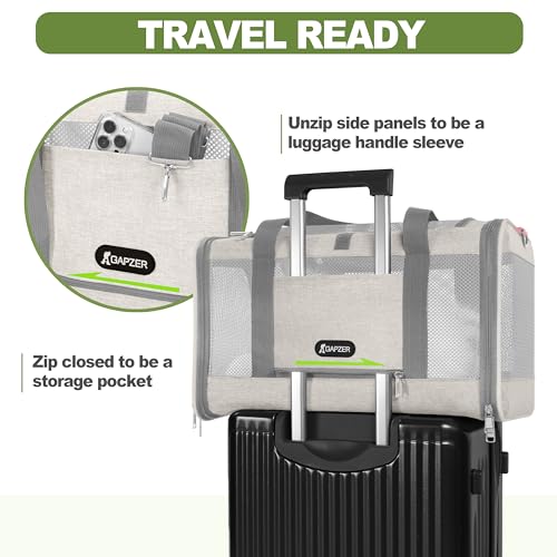 GAPZER Cat Carrier American Airline Approved 18x11x11,Top Opening Pet Cage | Mini Dog Foldable Soft Carrying Bag, Bichon Crate Kennel Breathable Case Hard Bottom, 4-Side-Ventilation See Through Mesh Bag - color: Beige