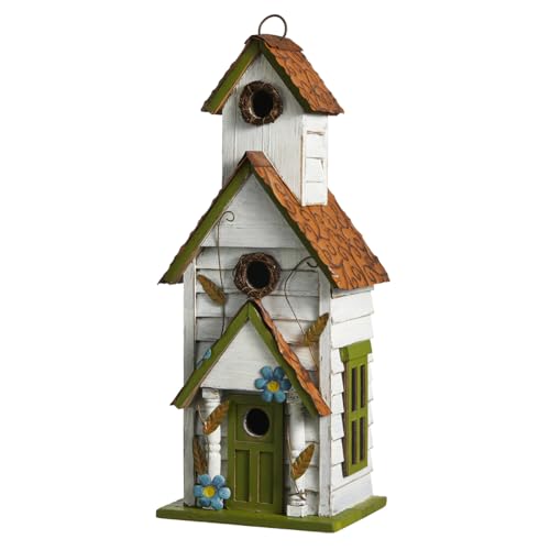 Glitzhome Hanging Birdhouse for Outdoors, 20" H Distressed Cottage Painted Wooden Bird House 3-Story Villa Rustic Large Bird House for Bluebird Wren Chickadee Sparrow Bird - color: White and Green
