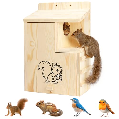 Large Wooden Squirrel House for Outside, Predator Guard Squirrel Nesting Box, Easy Assembly Outdoor Shelter for Squirrels & Chipmunks, Weatherproof Pine Wood Wildlife Habitat