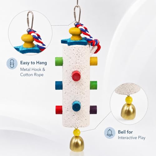 Hanging Bird Chew Toy for Small & Medium Birds, Textured Chewing Stone with Colorful Wooden Pegs, Cotton Rope & Bell, Bird Cage Accessories for Parakeets and Cockatiels