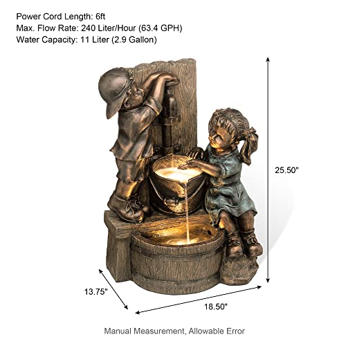 Glitzhome Outdoor Water Fountain with LED Light, Children Playing with Faucet Waterfall Fountains, Antique Bronze Resin Boy and Girl Statue Outdoor Waterfall Fountain for Patio Backyard Garden, 25”H - color: Children