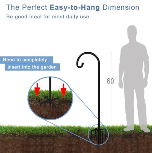 60 inch Outdoor Shepherd Hook with Upgraded 7 Prong Base (1 Pack), Adjustable Heavy Duty Garden Hanging Stake for Bird Feeder Solar Light Plant Hanger Wedding Decor, Matte Black - size: 60IN-1PACK