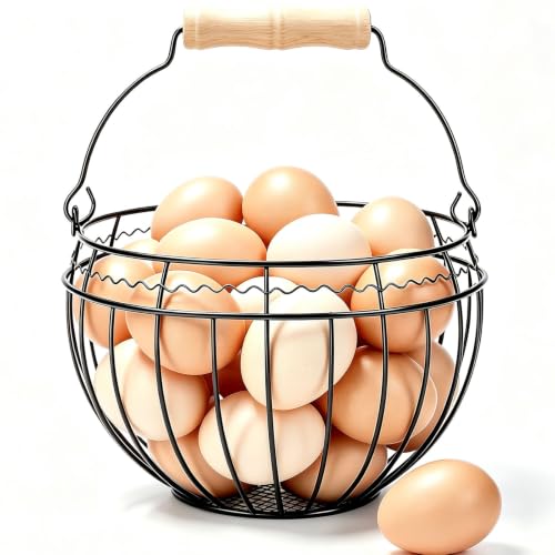 Farmhouse Wire Egg Basket for Gathering Fresh Eggs, Holds 24 with Handle | Vintage Style, Black Metal Open Weave, Backyard Chicken Keepers, Easter/Christmas Gift, Egg Collecting Basket, Countertop