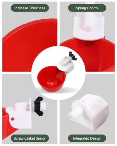 Chicken Waterer Cups (8 Pack) with 3/8" Drill Bit - Red | Automatic Poultry Drinker Feeder Kit for Chickens, Ducks, Turkeys, Quail, Bunnies | DIY Gravity Fed Bucket Water Dispenser - color: Red, size: 8 Pack + Drill bit