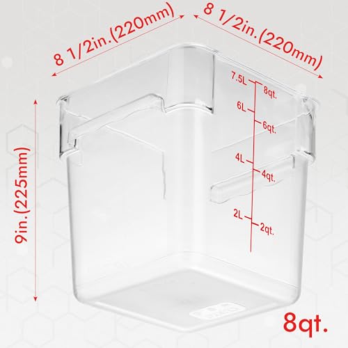 8-Pack 8 Qt NSF Clear Polycarbonate Food Storage Containers with Red Lids - Square, Commercial-Grade, Freezer & Dishwasher Safe, Stackable - color: 8.0 Qt 8-Pack(Red Lids)