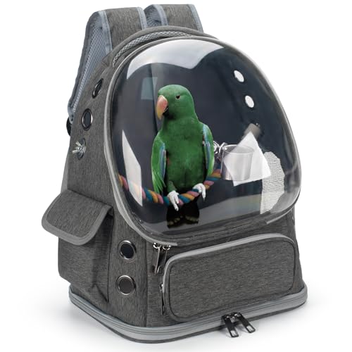 Bird Backpack Carrier Travel Cage with Perch, Tray and Breathable Clear Window, Bird Travel Cage for Cockatiel Caique Conure Quaker, for Vetting Camping Hiking (Grey) - color: Grey