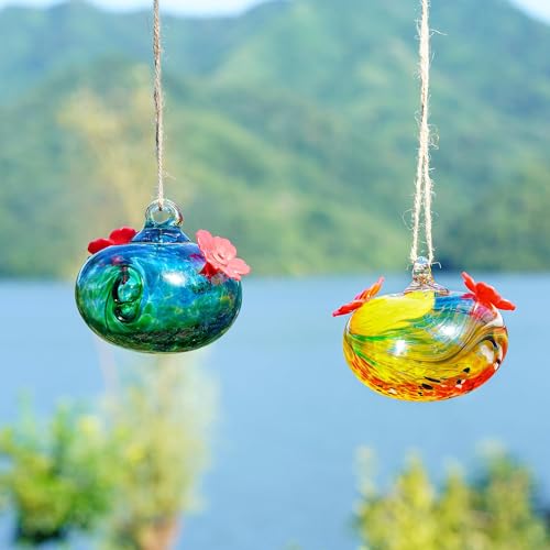 Pack 2 Blown Glass Hummingbird Feeders for Outdoors Window Hanging | Ant and Bee Proof - color: Color-3
