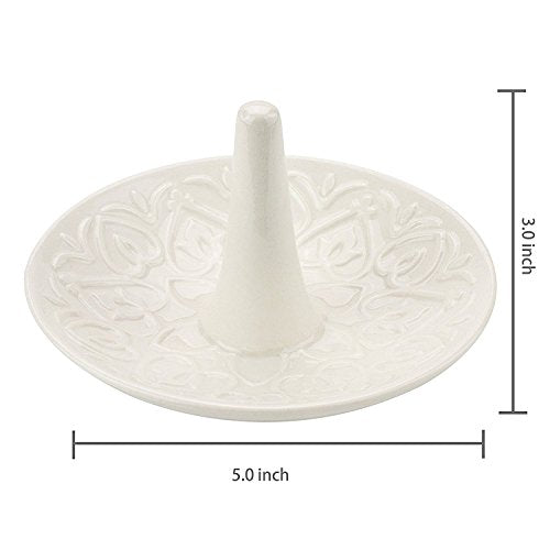 MyGift Decorative White Ceramic Ring Tray for Jewelry, Ring Cone and Trinket Tray with Raised Heart Design - color: White