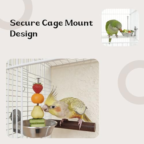 Stainless Steel Bird Cage Fruit Fork, Bird Water Feeder & Bird Bowl Set - Pet Parrot Vegetable Feeding Tool with Secure Cage Mount（2-Pack