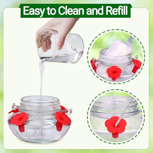 Hummingbird Feeders for Outdoors Hanging, Mason Jar Humming Bird Feeder | Glass Hummingbird Feeder for Outside with 4 Silicone Flower Feeding Ports, Top Fill Leak Proof Easy to Clean and Refill