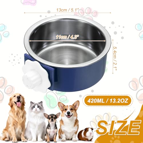 Crate Dog Bowl, Removable Stainless Steel Pet Cage Hanging Anti-Overturn Food Water Feeder Cage Cup (Round, Dark Blue, 13.2oz), Intended for Puppies/Cat/Rabbit/Bird - color: Dark Blue, size: 5.1"(13.2oz)
