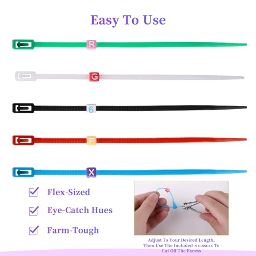 100 Pcs Chicken Leg Bands with 400 Charms, Adjustable for Poultry | 100 bands + 400 letter/number charms. 6 colors, adjustable 5.9". Durable snap-lock. Includes clipper. For poultry