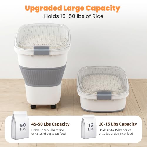 50 Lbs Rice Container, Collapsible Dog Food Storage Container | Airtight Cat Food Container with Wheels, Transparent Lid, Measuring Cup, Scoop, BPA Free for Pet Food, Grain, Bird Seed - color: 50 lbs
