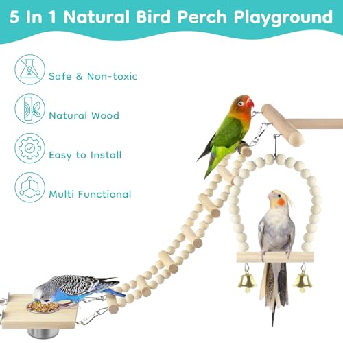 DBNESS 5in1 Bird Toys, Birdie Perches Platform Swing with Stainless Steel Feeding Cup Climbing Ladder, Wooden Play Gym for Cockatiels Lovebirds Budgies Pacific Parrotlets Finch Canaries