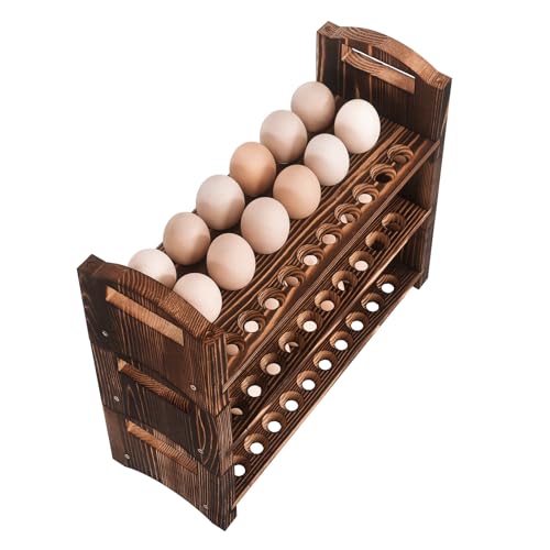 Wooden Egg Holder 3 Layer Fresh Egg Rack Holders Countertop Stackable Quail Egg Sorter Storage Trays Organizer Display Stand Kitchen Rack, Fits Duck, Turkey, Chicken Eggs,up to 36 Eggs, 3 Tier-Brown - size: 3-Tier