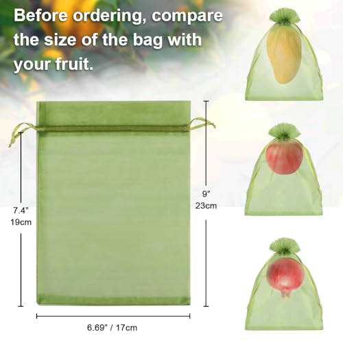 Shintop 100Pcs Fruit Protection Bags, 6x9inch Green Fruit Tree Net Cover | Drawstring Mesh Tomato Bags, Fine Mesh Blocks Bugs, Breathable Sheer Organza, Gentle on Delicate Stems, Fits Apples, Mango - size: 6x9 inch