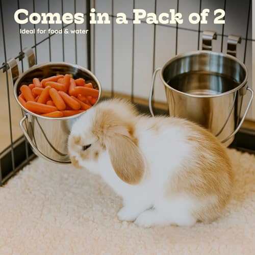 1 Quart Stainless Steel Flat Sided Bucket with Dual Hooks | 2 Pcs Durable Food & Water Bowl for Dog Cats Bird & Small Animals | Fits kennel Cage Crates Hanging Pet Pail | Multipurpose use - size: 1 Quart (Pack of 2)