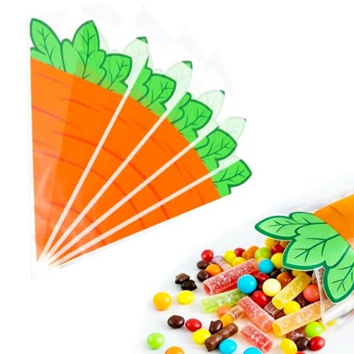 MexLuyu 50Pcs Cute Carrot Gift Wrap Bags Easter Cellophane Treat Bags Carrot Shaped Triangle Bags with Twist Ties Orange Gift Cone Goodie Plastic Bag Easter Party Supplies for Cookie Popcorn