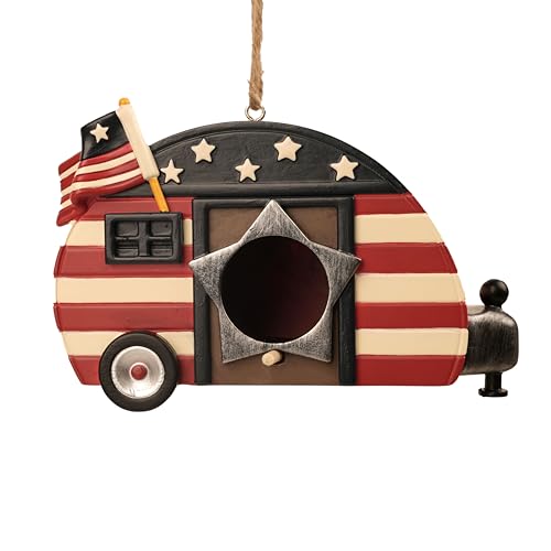 Hanging Bird House for Outside, Hand-Painted Patriotic Camper Birdhouse, Resin American Flag Bird House with Cleaning Plug, Outdoor Garden Decor for Yard, Patio, Porch, Tree, Gift for Bird Lovers - style: american flag
