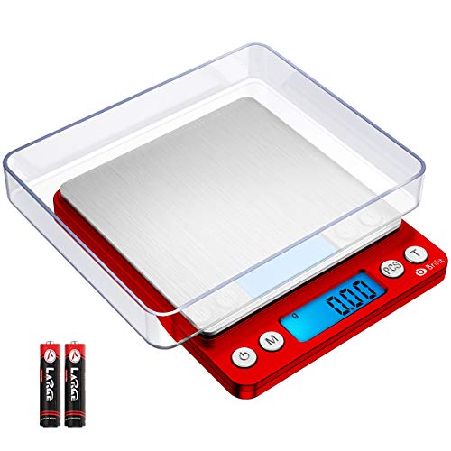 AMIR Upgraded Digital Kitchen Scale, 500g Mini Pocket Jewelry Scale, Cooking Food Scale with Back-Lit LCD Display, 2 Trays, 6 Units, Auto Off, Tare, Stainless Steel (Batteries Included) - color: Red