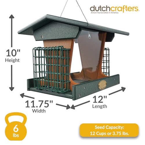 DutchCrafters Poly Hopper Bird Feeder with Suet Holder, Large Suet Feeder for Birds, Outdoor Hanging - Amish American Made (Turf Green & Cedar) - color: Turf Green & Cedar