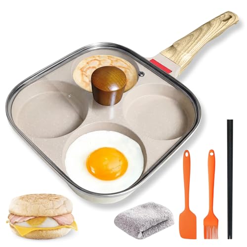 4‑Cup Nonstick Egg Pan Set with Lid – Aluminum Omelette Skillet for Breakfast, Includes Silicone Scraper, Oil Brush, Chopsticks & Cleaning Cloth – Compatible with Gas & Induction Cooktops (White) - color: White