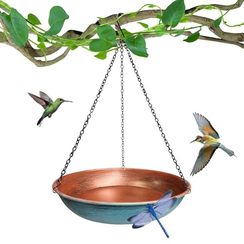 Hanging Bird Bath for Outdoors,11Inch Double Patchwork Birdbath Bowl Window Birds Feeder with 13.5 in Rust-Proof Black Chains Metal Hanging Birds Feeder for Garden Backyard Decor Copper Blue