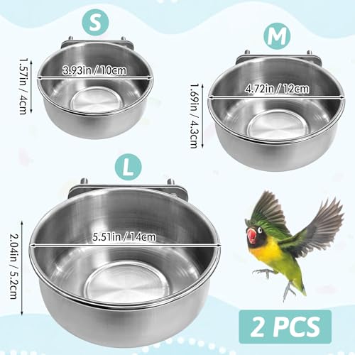 PINVNBY Stainless Steel Bird Bowl Parrot Food Water Bowls with Clamp Holder Bird Feeder Dish Cups Crate Bowls for Cockatiel Pigeons Conure Budgies African Greys (2PCS Screw Size: L)