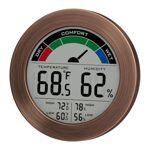 Digital Hygrometer Indoor Thermometer, Brushed Metal Frame, Bronze | Large round display, clear digits, accurate readings, comfort gauge, humidity meter, room temperature and humidity monitor - color: Bronze