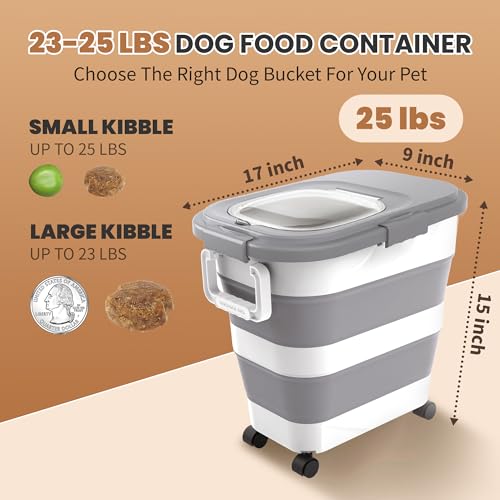 23-25Lbs Airtight Dog Food Storage Container,Collapsible Dog Food Container | Large Pet Food Storage Container with Lid,Wheels,Handle,Scoop,Small Cat Food Container for Dog Cat - color: Grey/25 LBS