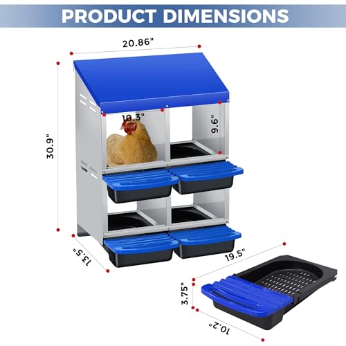  Chicken Nesting Box with Cleanable Pull Out Trays, 4 Hole Roll Away Nesting Box for Laying Hens, Wall Mount or Placed Design for Easy Egg Collection ﻿ - color: Blue, size: 4 Holes & 2-tier