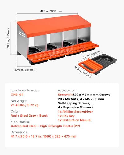 VEVOR Chicken Nesting Boxes, 4 Compartments, Metal Egg Laying Boxes with Protective Collection Lids, Roll Out Nesting Box, Easy to Assemble, Ideal for Hens, Ducks, Chickens, and Other Poultry, Orange - size: 41.7"L x 20.6"W x 18.7"H