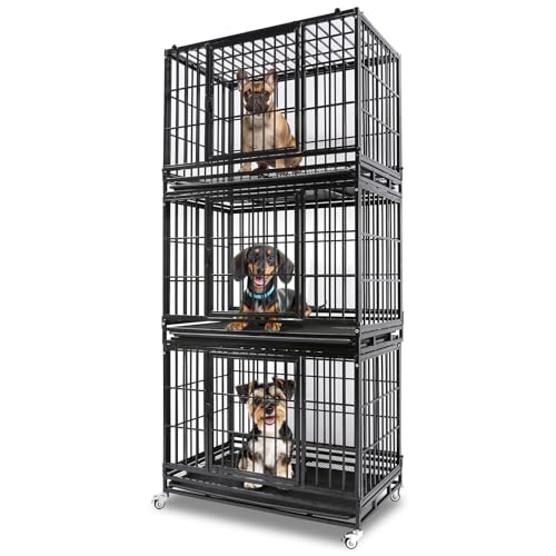 Homey Pet 37 Inch Three Tiers Stackable Dog Crates for Medium Dogs | Indestructible Heavy Duty Dog Crate Cage with Lockable Wheels, Removable Tray, Opent Top, Escape Proof Locks, Bowls - size: 37"L - 3 Tiers
