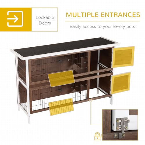 PawHut 54" 2-Story Large Rabbit Hutch Bunny Cage, Lockable Doors Brown | Wooden Pet House, Small Animal Habitat, No Leak Tray, Waterproof Roof, for Chickens Ducks, Outdoor/Indoor - color: Coffee Brown