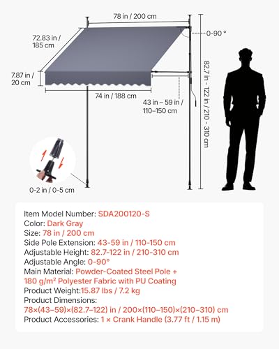 VEVOR Manual Retractable Awning, 78" x 59" Outdoor Patio Awnings Sunshade Shelter with 43"-59" Retractable Side Bar, No Drill Height Adjustable, Crank Handle for Backyard, Balcony, Dark Gray - size: 78x59 in