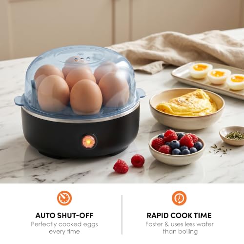 Elite Gourmet EGC115B Easy Egg Cooker, 7-Egg, BPA-Free, Classic Black | Cooks soft, medium, or hard-boiled eggs with auto shut-off - electric operation - includes measuring cup - color: Classic Black, size: 7 Egg