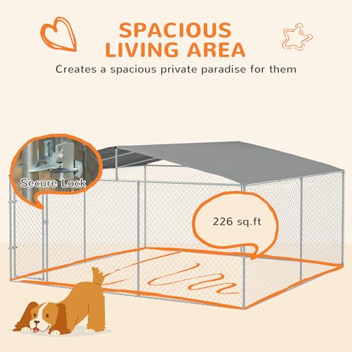 PawHut Outdoor Dog Kennel Heavy Duty Fence for Large Breeds 15' x 15' x 7' | Dog Run Outdoor Fence, Waterproof Cover, Galvanized Chain Link, Secure Lock, for Chickens, Ducks - size: 181.0"L x 181.0"W x 91.3"H