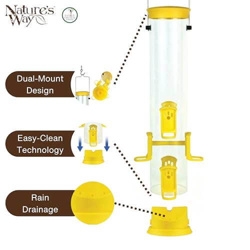 Nature's Way Large Plastic Thistle Tube Bird Feeder for Wild Birds and Outdoor Décor, 2.1 Quart Capacity, Six Ports, Easy-Clean Design, Yellow