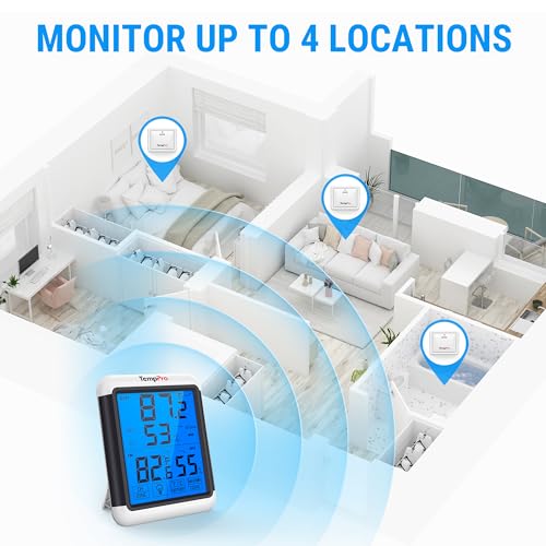 TempPro TempAir Indoor Outdoor Thermometer Digital Wireless Hygrometer | Temperature Humidity Monitor with Jumbo Touchscreen and Backlight Humidity Gauge,LCD - size: In-Outdoor