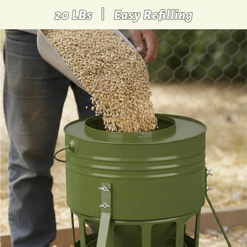 KOL Metal Chicken Feeder - 20lbs No Waste Chicken Feeder with 12 Ports, Powder Coated Rust-Proof Design & Smooth Edges for Safe Feeding (Avocado Green) - color: Avocado Green