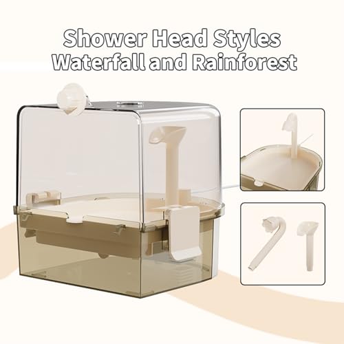 Automatic Bird Baths for Cage – Indoor Parakeet Bath with Pump, Bird Shower with 2 Modes Running Water, Bird Cage Accessory for Pet Birds Conure Budgies Cockatiels Lovebird (Light Brown) | Quiet auto pump with 4-layer filter & 4 refills Easy-clean clear t
