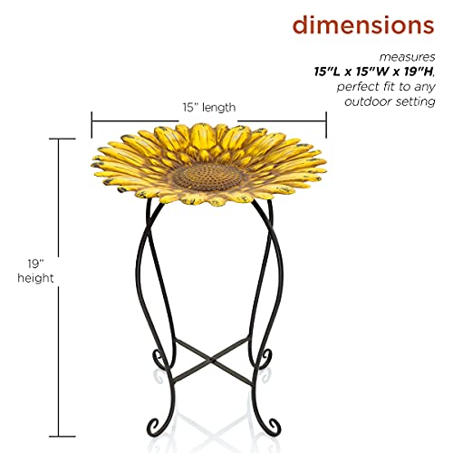 Alpine Corporation 19" H Outdoor Metal Birdbath w/Stylish Stand, Embossed Sunflower Birdbath Bowl and Stand Set, Yellow - color: Yellow