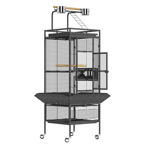 61" Large Bird Cage, Metal Parrot Cage with Play Top, Rolling Stand & Bowls - Bird Aviary for Parrots, Conures, Cockatiels, Parakeets, Indoor Outdoor Aviary for Outside Yard Garden Porch, Black/Silver