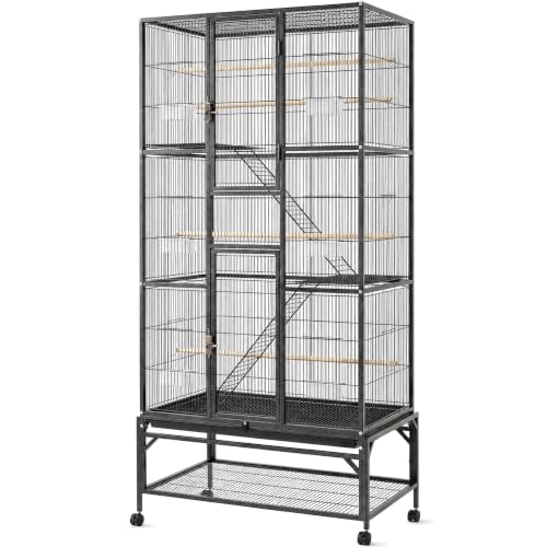 Large Bird Cage & Parakeet Cage, 69" Parrot Flight Cage with Rolling Stand | 0.4" bar spacing, 3-tier aviary, 12 doors, removable mesh shelf, 6 feeders, ideal cockatiel cage & budgie cage