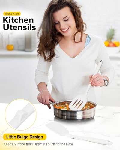 Pack of 2 Silicone Spatula Turners, Non Stick Slotted Kitchen Spatula Set, Heat Resistant BPA Free Kitchen Utensils, One-Piece Design, Suitable for Flipping Fish, Eggs, Steak, Pancakes (WHITE) - color: White