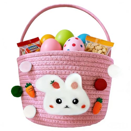 Easter Bunny Baskets for Kids, Baby Easter Empty Egg Basket with Handle, Woven Rope Cute Treasure Egg Hunt Baskets for Boys Girls Toddler, Easter Gifts, Pink ﻿ - color: Pink