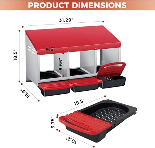  Chicken Nesting Box with Cleanable Pull Out Trays, 3 Hole Roll Away Nesting Box for Laying Hens, Wall Mount or Placed Design for Easy Egg Collection ﻿ - color: Red, size: 30.7"L x 20.1"W x 20.1"H