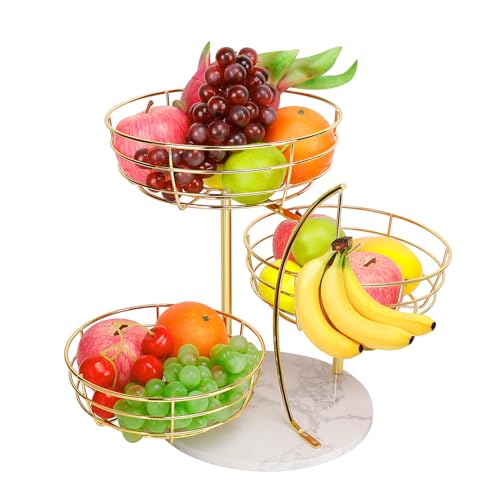 Livabber Fruit Basket Bowl with Banana Hanger, Metal Fruit Vegetable Storage Basket with Banana Holder for Kitchen Counter, Detachable Organizer for Bread Snack Produce (Gold, 3-Tier Marble Base) - color: Gold, style: 3-Tier Marble Base