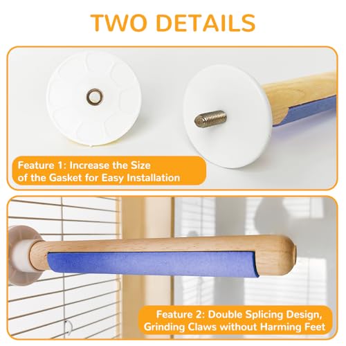 2-Pack Natural Wood Bird Perch with Foot Grinding, 7.8 Inch Bird Cage Accessories for Parakeets Cockatiel Lovebird Canary, Foot Health Training (Color Yellow & Pink)